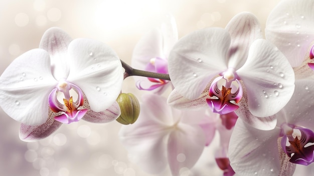 Orquídeas blancas con una flor rosa a la derecha