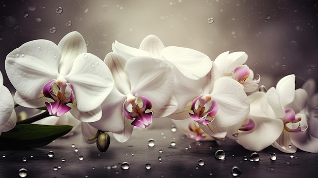 Orquídeas blancas sobre una superficie húmeda con gotas de agua