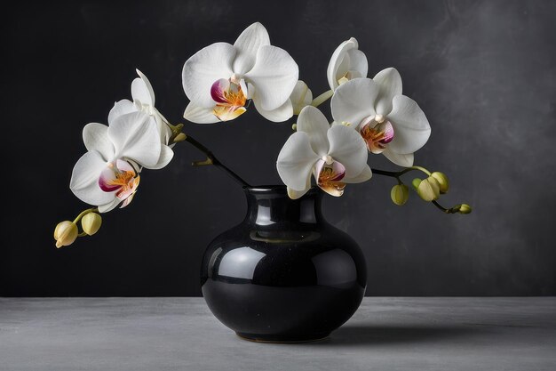 Foto orquídeas brancas elegantes em um vaso preto