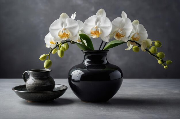 Foto orquídeas brancas elegantes em um vaso preto