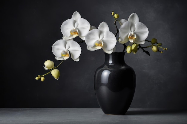 Foto orquídeas brancas elegantes em um vaso preto