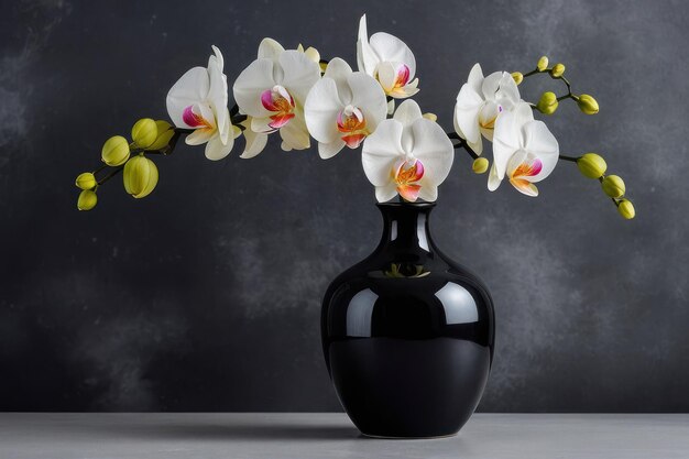 Foto orquídeas brancas elegantes em um vaso preto