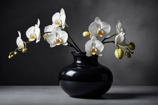 Foto orquídeas brancas elegantes em um vaso preto