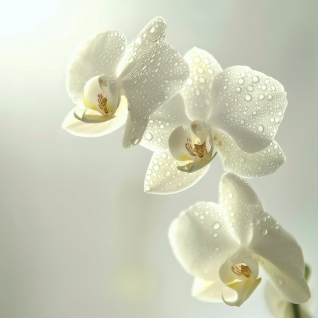 Orquídeas brancas serenas com gotas de orvalho em luz suave