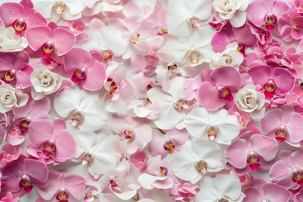 Orquídeas cor-de-rosa e brancas criam um fundo vibrante de primavera e verão Conceito Floral Fantasia Orquídea Delicia Flores vibrantes Esplendor de primavera Flores de verão