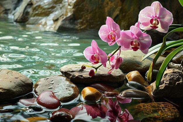 Orquídeas cor-de-rosa no fundo da água e pedras