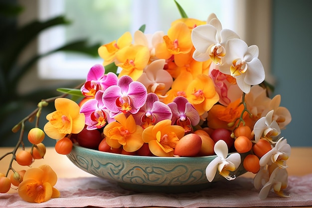 Orquídeas en un cuenco de frutas tropicales que añaden un toque de color y frescura