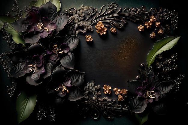 Orquídeas de joias com galhos decorados com IA generativa preta e dourada