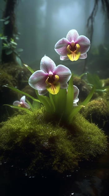 Foto orquídeas em uma floresta de musgo com um musgo verde e um mosco verde.