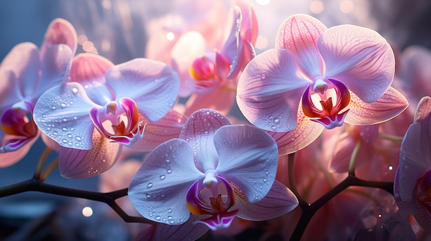 Orquídeas exóticas em vaso de vidro com luminescência suave gerada por IA