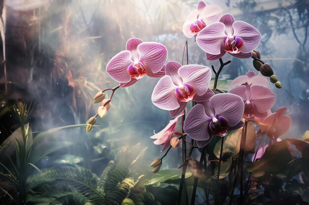 Orquídeas exóticas floreciendo en la selva telón de fondo tropical realista