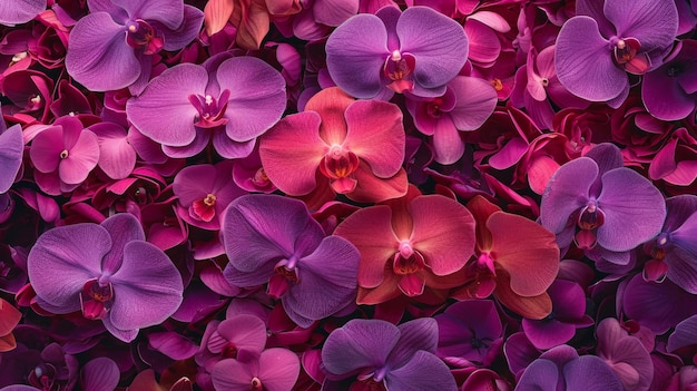 Las orquídeas exuberantes florecen en una vibrante variedad de púrpuras y magentas.
