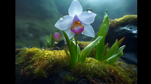 Foto orquídeas florescendo em uma alga coberta de musgo.