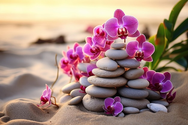 Orquídeas en un jardín zen rodeado de rocas y arena