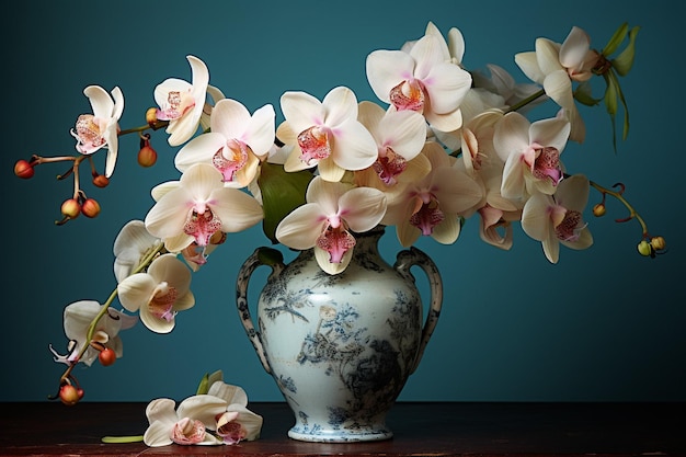 Orquídeas en un jarrón vintage añadiendo un toque de nostalgia