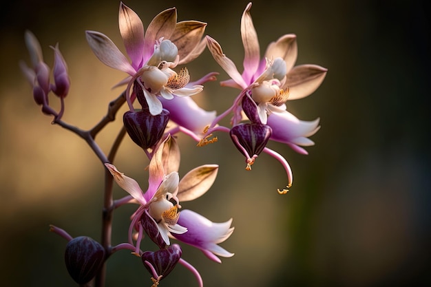 Orquídeas louva-a-deus em um galho contra um fundo da natureza