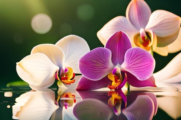 Orquídeas en la mesa con fondo verde