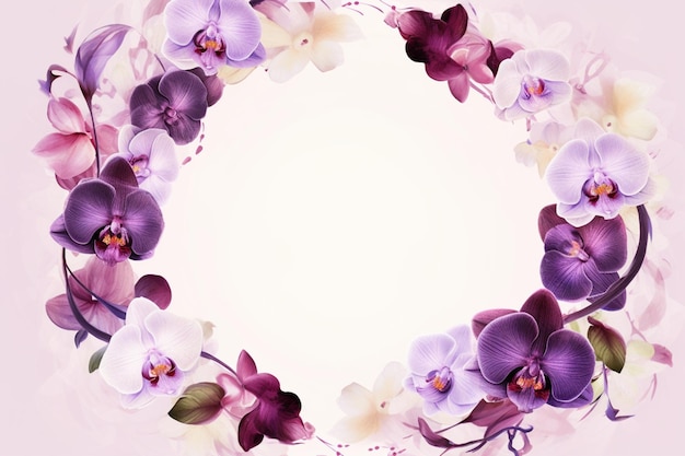 Orquídeas moradas en un círculo con un fondo blanco.