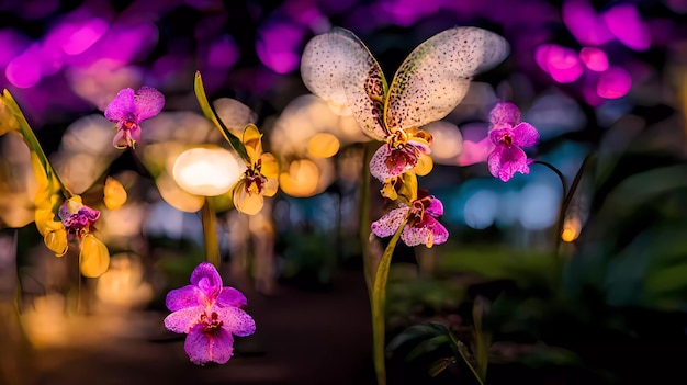 Orquídeas moradas en un jardín con flores moradas