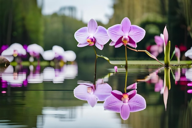 Las orquídeas moradas se reflejan en el agua.
