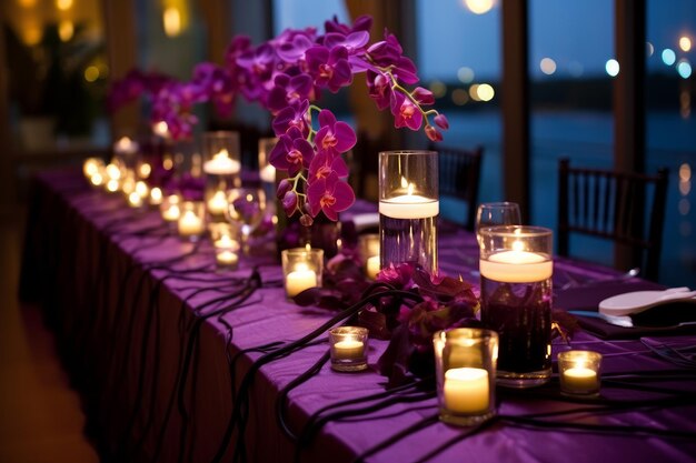 Orquídeas moradas y velas en una mesa