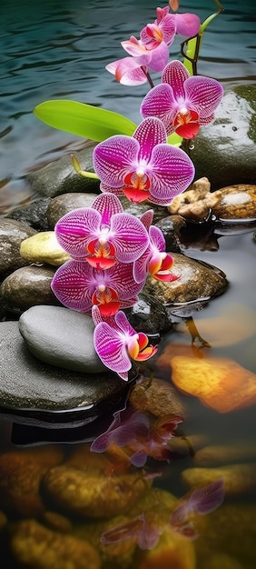 Orquídeas na Água Pedras redondas para SPA Salão de Relaxação Meditação SPA Conceito com Beleza Flores de Orquídea e Pedras Ilustração de IA Gerativa