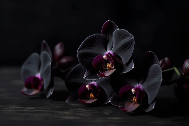 Foto orquídeas negras sobre un fondo uniforme oscuro