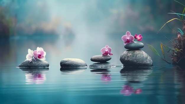 Las orquídeas y las piedras del spa se equilibran en aguas tranquilas Ilustración generativa de IA