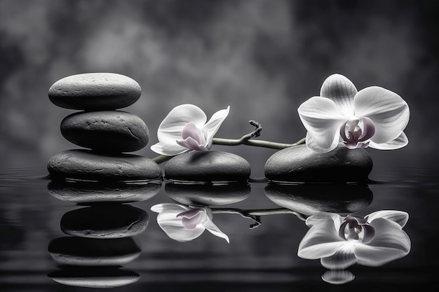 Orquídeas pretas e brancas e pedras de spa em equilíbrio em água calma Ilustração de IA geradora