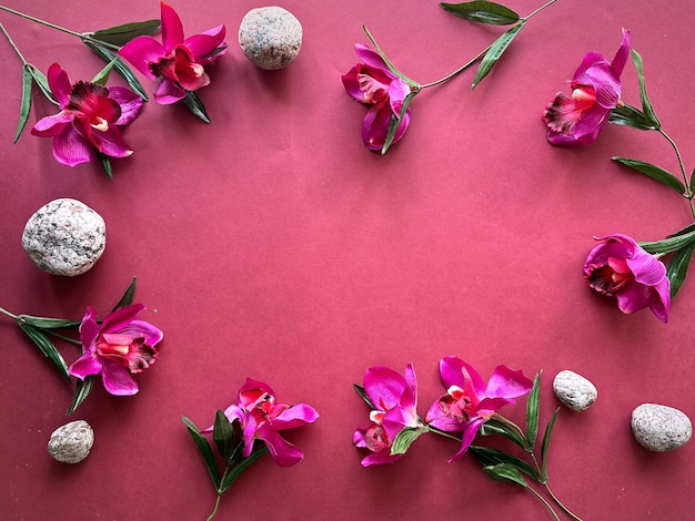 Orquídeas rosadas vibrantes y piedras naturales dispuestas sobre un fondo carmesí