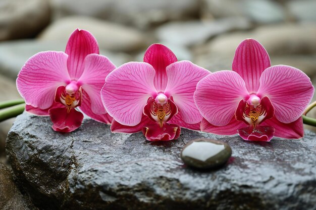 Orquídeas rosas con piedras zen en un fondo de piedra