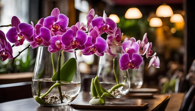 Foto orquídeas roxas em fila com outros vasos na mesa