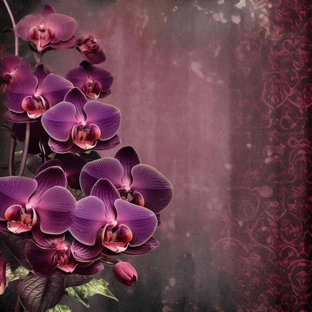 Orquídeas roxas em um vaso com um fundo vermelho