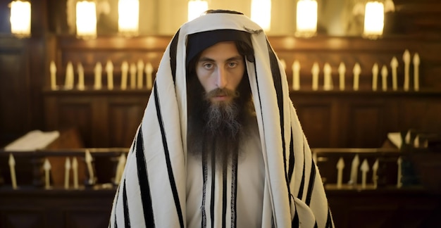 Orthodoxer ultraorthodoxer Jude aus einem Tallit in der Synagoge