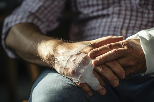 Foto orthopädischer arzt untersucht die verletzung des patienten am arm, hand und finger mit einer schiene und einem gipsband.