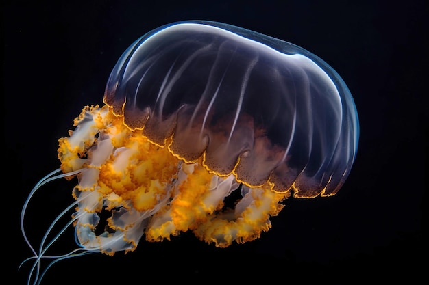 Ortiga de mar negra Medusa naranja rara Fondo oscuro generado por la IA Fauna marina de los océanos Vida silvestre