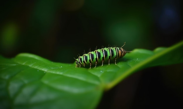 Una oruga está en una hoja verde