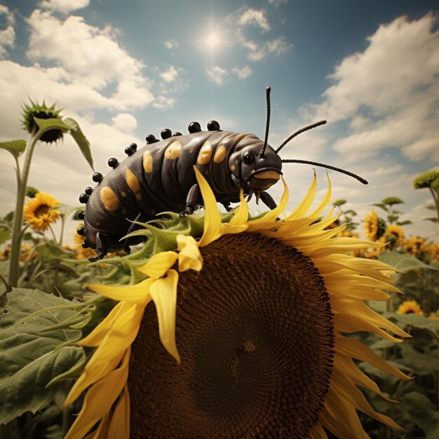 una oruga en un girasol