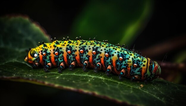 Oruga multicolor en una planta verde comiendo hojas generadas por IA