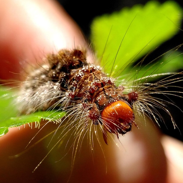 Oruga negra del insecto en la hoja