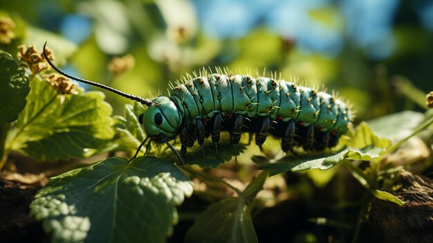 oruga de una oruga verde en el bosque sobre un fondo de follaje azul