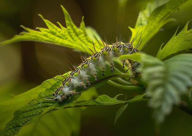 una oruga en una planta con una hoja verde