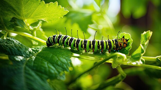 La oruga en la planta verde