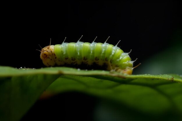 Una oruga verde está en una hoja verde.