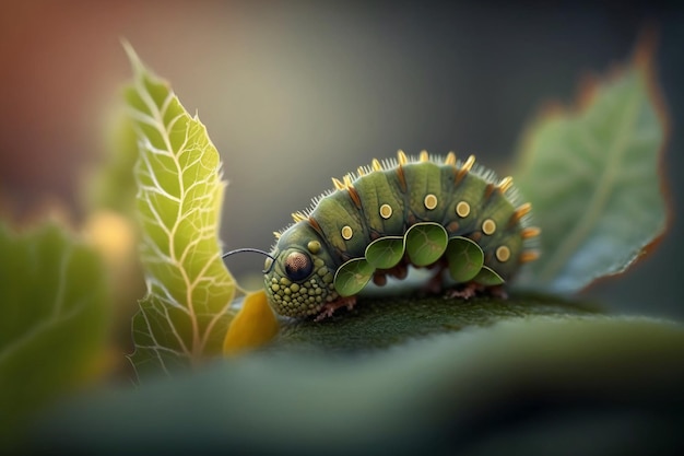 Una oruga verde está en una hoja.