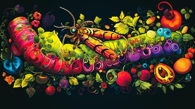 una oruga vibrante envuelta en patrones coloridos rodeada de una variedad de plantas medicinales