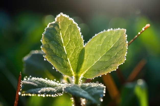Orvalho da manhã em uma folha de trevo sob a luz solar suave