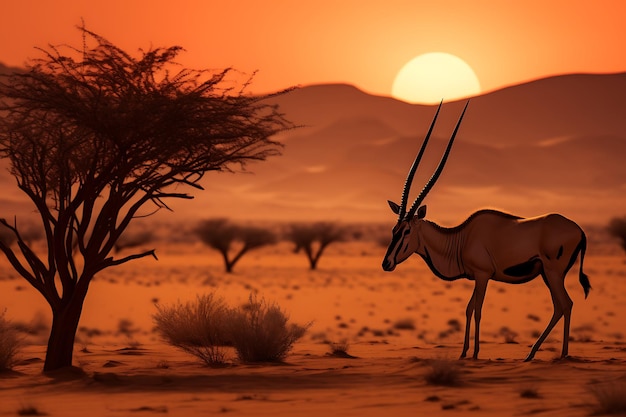 Oryx silueta contra el sol del desierto