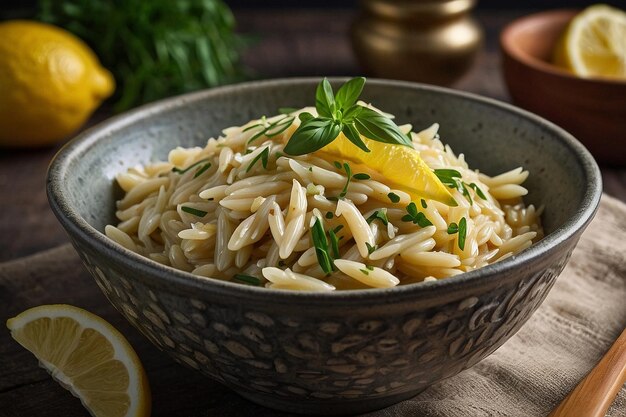 Foto orzo com creme de limão e molho de ervas