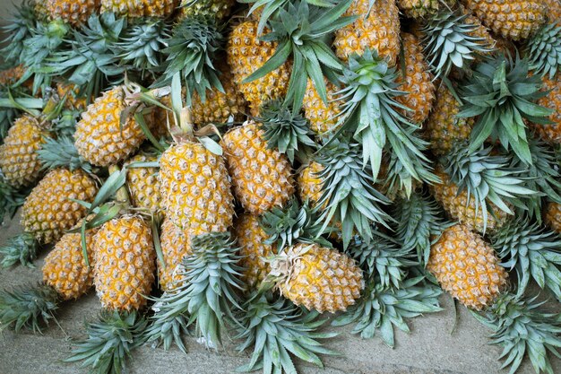 Os abacaxis estão no mercado de frutas frescas.